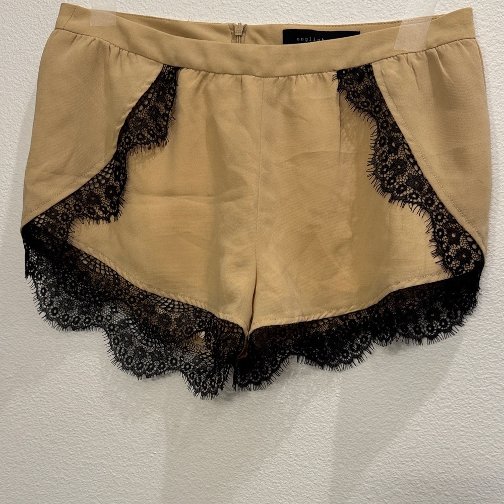 English Rose Tan Shorts with Black Lace Trim